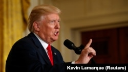 U.S. President Donald Trump speaks during a joint news conference with the Finnish president at the White House in Washington, D.C., on August 28.