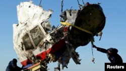 O bucată a aparatului Boeing 777, Malaysia Airlines, zborul MH17, care s-a prăbușit în apropiere de Donețk, Ucraina, pe 17 iulie 2014. 