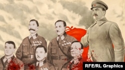 Первые пять маршалов Советского Союза. Сидят (слева направо): Тухачевский (расстрелян), Ворошилов, Егоров (расстрелян); стоят: Будённый и Блюхер (арестован, умер в Лефортовской тюрьме от пыток). Коллаж