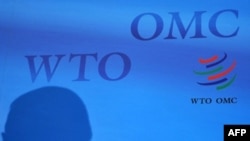 A silhouette of an official with a logo of the World Trade Organization (WTO) at WTO headquarters in Geneva (file photo)