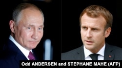 French President Emmanuel Macron (right) spoke with his Russian counterpart, Vladimir Putin, and urged him to fulfill the UN-brokered deal on Ukrainian grain exports. (combo image) 