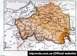 Этнаграфічная мапа Галіцыі і русінскіх зямель у складзе Аўстра-Вугоршчыны, складзеная ў 1915 годзе Дзьмітрыем Вергуном.