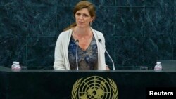 U.S. -- US Ambassador to the UN Samantha Power speaks to delegates during the plenary meeting of the General Assembly on the prevention of armed conflict at the UN headquarters in New York, March 27, 2014