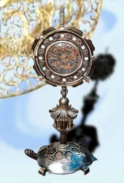 Часы настольные Kymgansan (позолота, расписная латунь, стекло, эмаль, 140 см, подарок послу Южной Кореи в Москве, 1991)