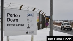 The entrance to the Porton Down science park that houses the Ministry of Defense's Defense Science and Technology Laboratory in the village of Porton, near Salisbury