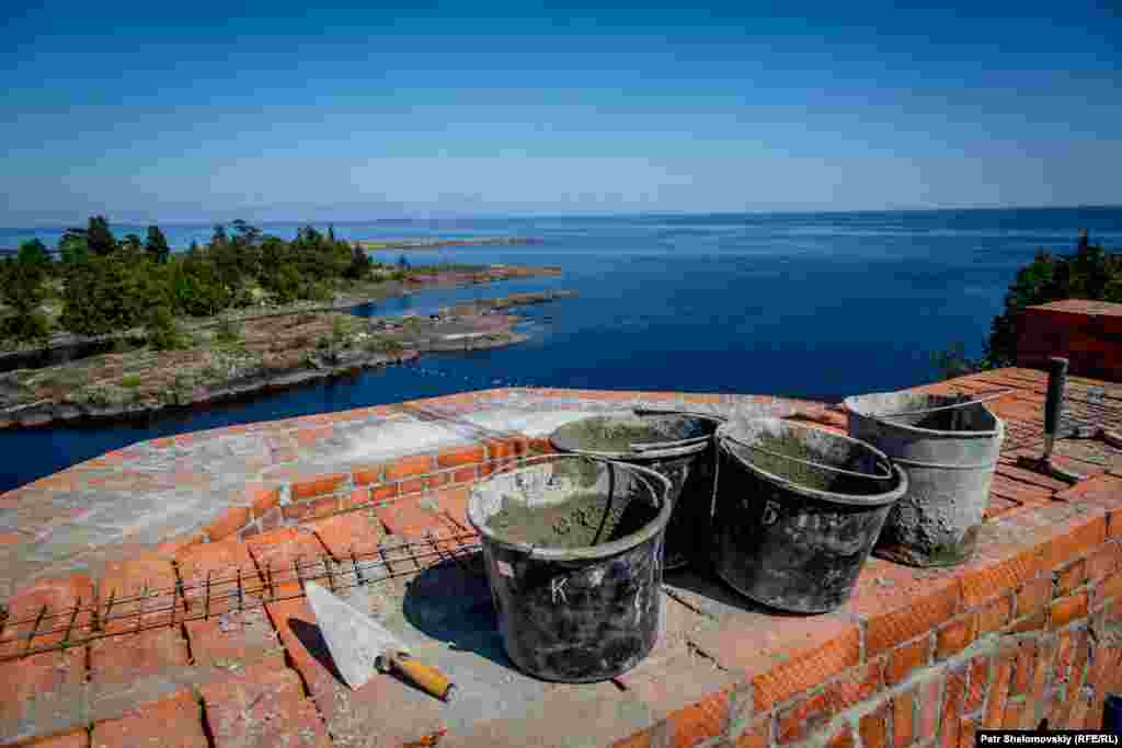 Construction work is under way on a church on Oboronny Island, just south of Valaam.