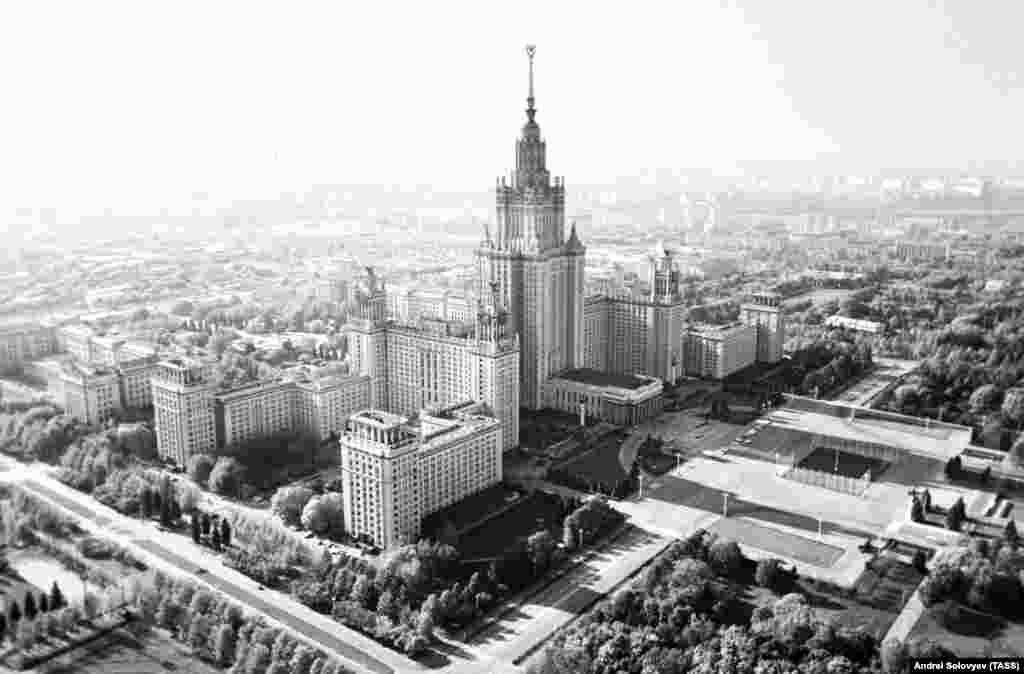 The tallest of the sisters, at a cloud-slicing 240 meters, is the main building of Moscow State University.