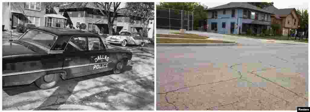 Left photo: A Dallas Police Department vehicle parked in the 400 block of 10th Street in the Oak Cliff neighborhood of Dallas in 1963, where police officer J. D. Tippit was killed by Lee Harvey Oswald. Right photo: The same spot on November 8, 2013.