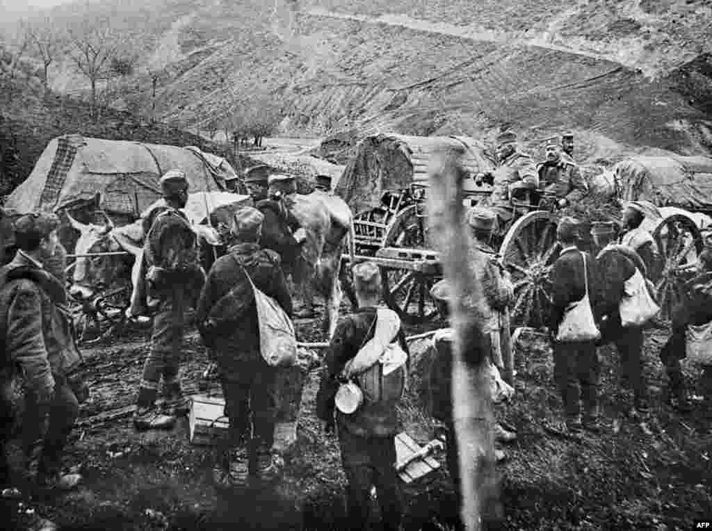 Король Сербии Петр Первый (справа, на телеге) в момент отступления после того, как армия Германии вторглась на территорию страны. Ноябрь 1915 года
