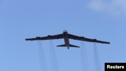 A U.S. B-52 bomber takes part in the "Saber Strike" NATO military exercise in Latvia, June 2016.