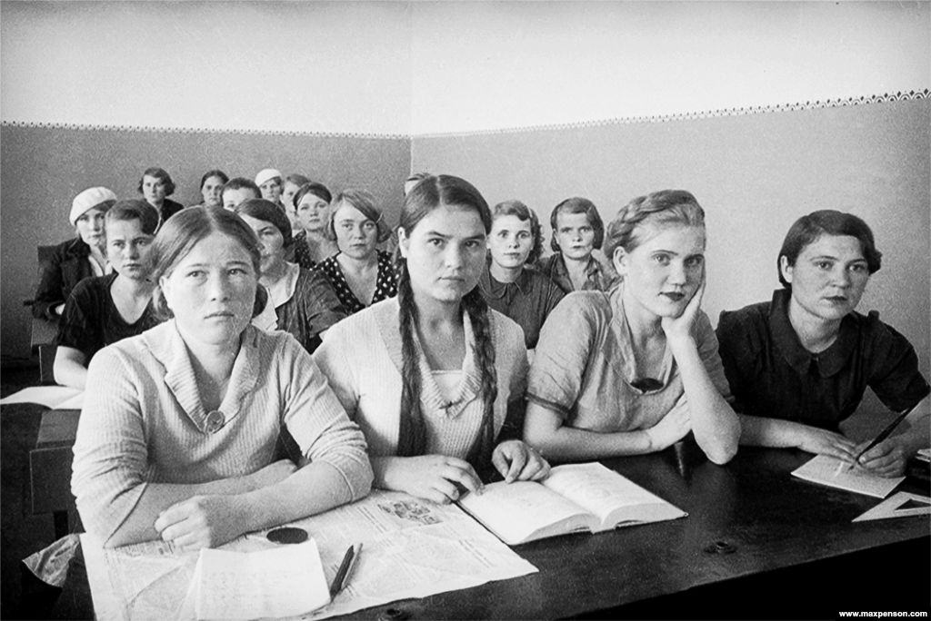 Girls in a classroom in Tashkent. Penson began his new life in Central Asia as an art teacher.