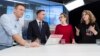 Navalny LIVE hosts Yelena Malakhovskaya (second from right) and Ivan Zhdanov in the studio along with opposition leader Aleksei Navalny (left) and presidential candidate Ksenia Sobchak (right)