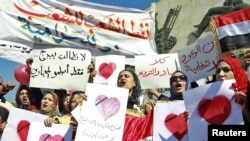 Iraqi women demonstrate against the lack of basic services in central Baghdad on February 14.