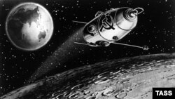 Советский рисунок 1966 года, изображающий межпланетную автоматическую станцию "Луна-10"