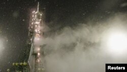 The Soyuz TMA-22 spacecraft rests on its launch pad before taking at the Baikonur cosmodrome in Kazakhstan.