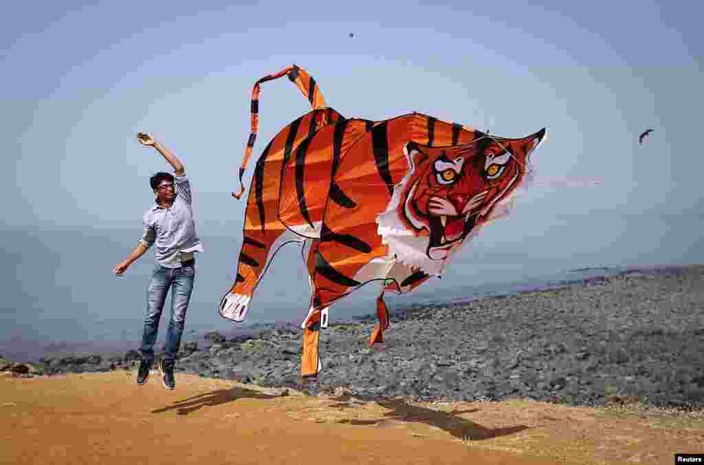 A participant flies a tiger-shaped kite during the International Kite Festival in Mumbai, India. (Reuters/Danish Siddiqui)