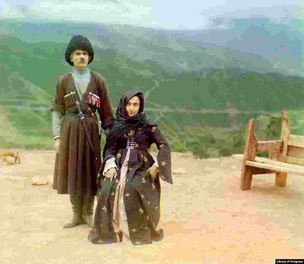A couple in traditional dress poses for a portrait in what is now the Republic of Daghestan. - Prokudin-Gorsky developed and patented his own color film process, and hoped to use his photographs to help educate Russian schoolchildren with his “optical color projections.”