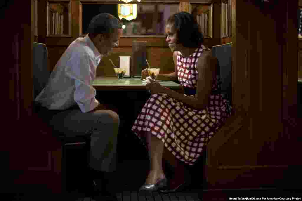 Photographer Scout Tufankjian was selected for this photo of U.S. President Barack Obama and his wife, Michelle, campaigning in Davenport, Iowa.