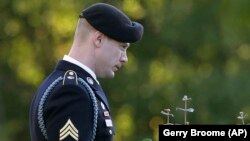 U.S. Army Sergeant Bowe Bergdahl leaves the courtroom facility as the judge deliberates during a sentencing hearing at Fort Bragg on November 3.