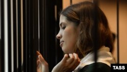 Nadezhda Tolokonnikova looks on as a petition for her early release from custody is heard at a court in the Mordovian town of Zubova Polyana in April.