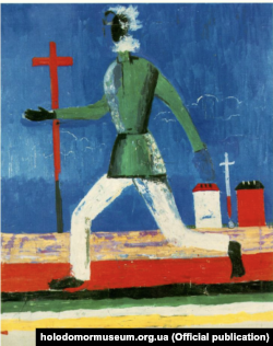 Казимир Малевич «Людина, що біжить», або «Селянин поміж хрестом і мечем». Малюнок художника-авангардиста присвячений Голодомору-геноциду 1932–1933 років. Робота зберігається в Національному центрі мистецтва й культури імені Жоржа Помпіду в Парижі