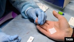 Забор крови в мобильном пункте экспресс-тестирования на ВИЧ. 