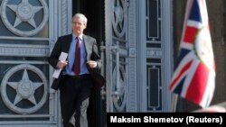 British Ambassador to Russia Laurie Bristow leaves the Russian Foreign Ministry building in Moscow on March 30.