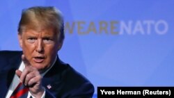 BELGIUM -- U.S. President Donald Trump holds a news conference after participating in the NATO Summit in Brussels, July 12, 2018