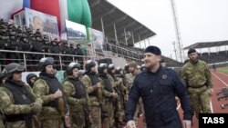 Ramzan Kadyrov, head of the Chechen Republic, appears for a speech at Sultan Bilimkhanov Stadium in Grozny in late December.