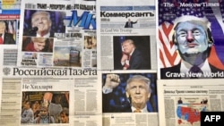 Front pages of Russian newspapers report on the victory of Donald Trump in the U.S. presidential election.