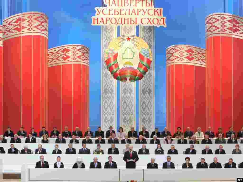 Belarusian President Alyaksandr Lukashenka addresses delegates during the fourth All-Belarusian national assembly in Minsk on December 6. Lukashenka, who has ruled the former Soviet republic since 1994, looks set to dominate the December 19 presidential vote. Photo by Maxim Guchek for AFP