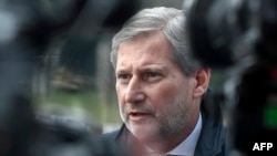 BULGARIA -- EU Enlargement Commissioner Johannes Hahn speaks to the press on arrival to the second day of the Informal Meeting of EU Foreign Affairs Ministers (Gymnich) in Sofia, February 16, 2018