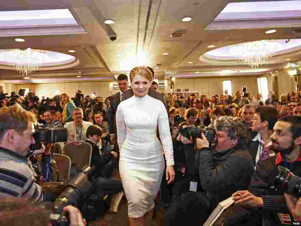 Prime Minister Yulia Tymoshenko appears before a press conference at her campaign headquarters in Kyiv on January 18. - Tymoshenko will now run against pro-Moscow politician Viktor Yanukovych in a second round of voting in February. Her Orange Revolution ally, President Viktor Yushchenko, was eliminated in the first round. Photo by ITAR-TASS