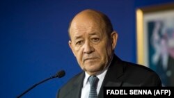 French Foreign Minister Jean-Yves Le Drian looks on during a press conference with his Moroccan counterpart in Rabat on October 9, 2017.