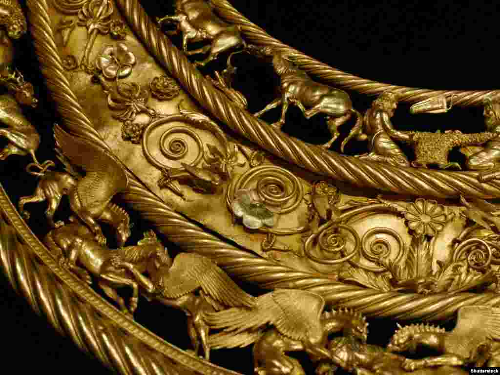 A detailed view of the Tovsta Mohyla breastplate of the Scythian king from the fourth century B.C. The Dutch court ruled that the trove of ancient artifacts was part of Ukraine&#39;s national heritage and did not belong in Russian-annexed Crimea.