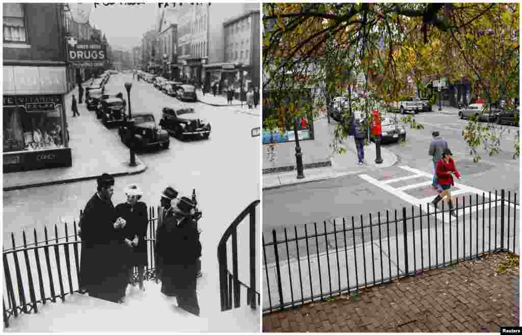 Left photo: A young John F. Kennedy (second from right) and his grandparents talk to a priest outside St. Stephen's Church in the North End neighborhood of Boston, Massachusetts, in June 1946. Right photo: the same spot outside St. Stephen's on November 10, 2013. 