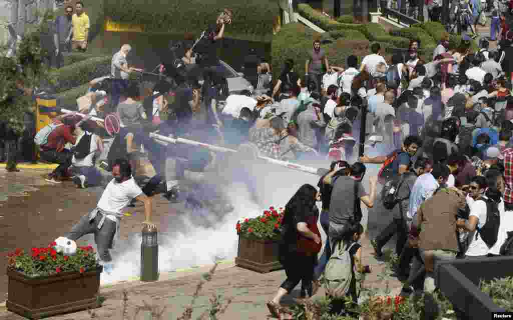 Poliția a folosit gaze lacrimogene și tunuri cu apă pentru a dispersa mulțimea.