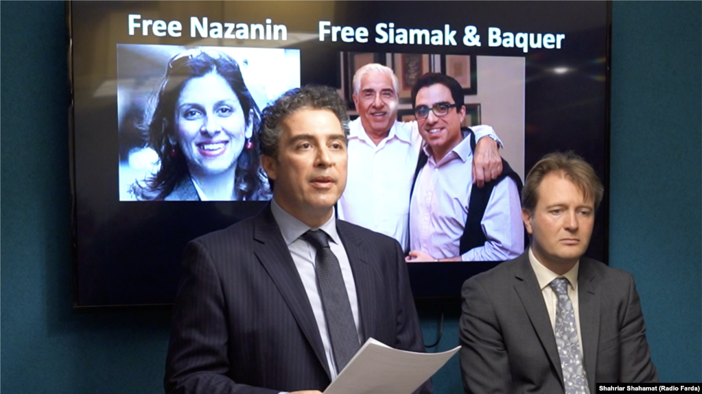 Babak Namazi, the brother of a prisoner in Iran Siamak Namazi, and Richard Ratcliffe, the husband of detained Nazanin Zaghari Ratcliffe, in a press conference in New York, on September 26, 2019.