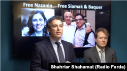 Babak Namazi, the brother of a prisoner in Iran Siamak Namazi, and Richard Ratcliffe, the husband of detained Nazanin Zaghari Ratcliffe, in a press conference in New York, on September 26, 2019.