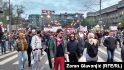Several thousand people dissatisfied with the results of the election marched in downtown Belgrade on April 6.