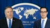 U.S. Secretary of State Mike Pompeo (left) and U.S. Treasury Secretary Steven Mnuchin announce sanctions against Iran during a news conference at the Foreign Press Center in Washington, November 5, 2018