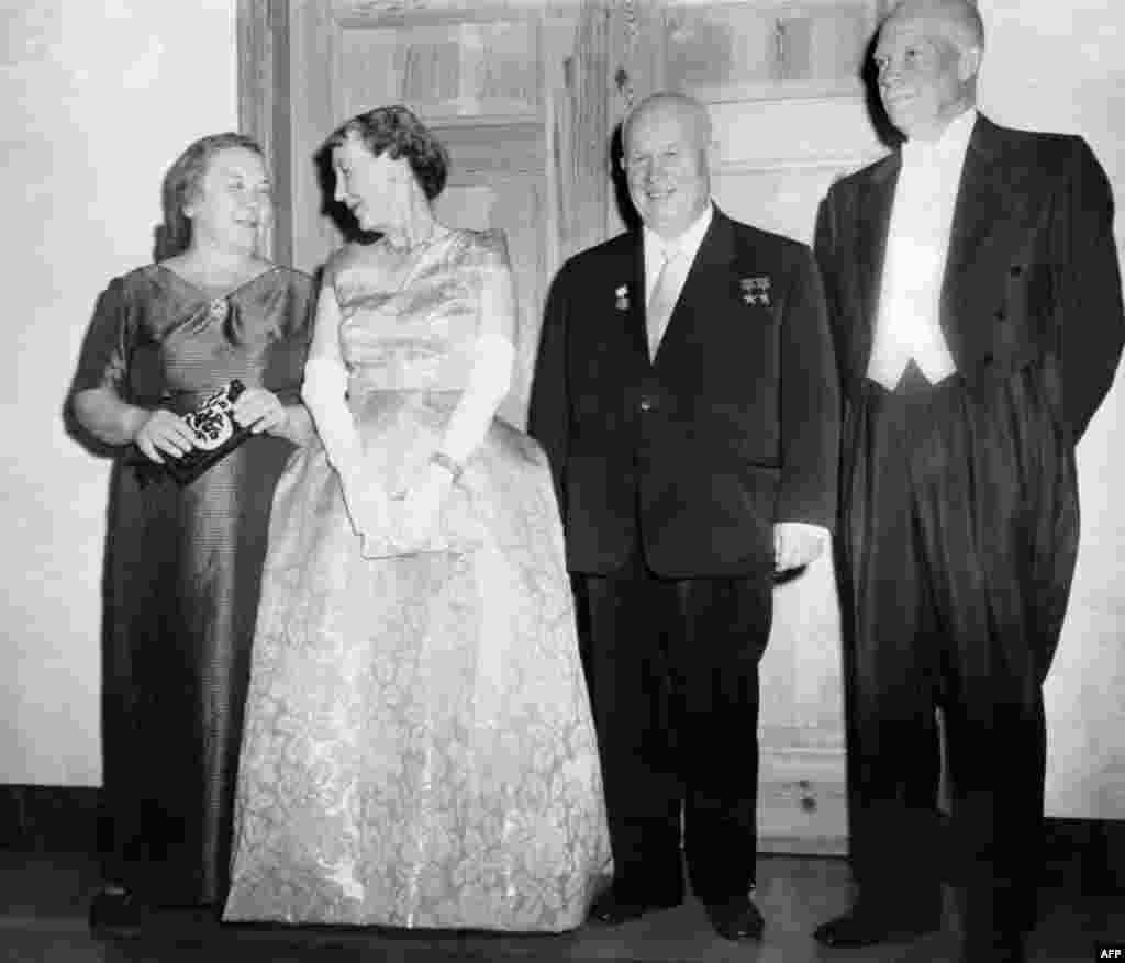 In 1959, Khrushchev became the first Soviet leader to pay an official visit to the United States. Here, he poses with his wife Nina (left), U.S. President Dwight D. Eisenhower, and Eisenhower's wife Mamie on September 16, 1959.