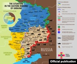 Ukraine -- ENGLISH Map: The situation in a combat zone at Donbas, 9Aug2019