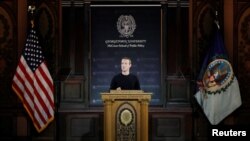 CEO Facebook, Mark Zuckerberg, vorbind la o conferință la Washington, pe 17 octombrie 2019, despre „provocările legate de protejarea libertății de exprimare în același timp cu combaterea dezinformării, a politizării și a datelor legate de securitatea personală”. Reuters.