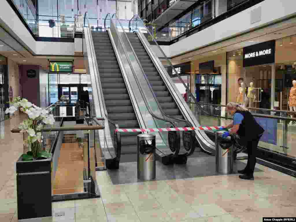 Taped-off escalators that lead to a food court in Pankrac after restaurants were required to shut down for ten days on March 14. As of March 14, there were 150 reported cases of coronavirus in the Czech Republic. 