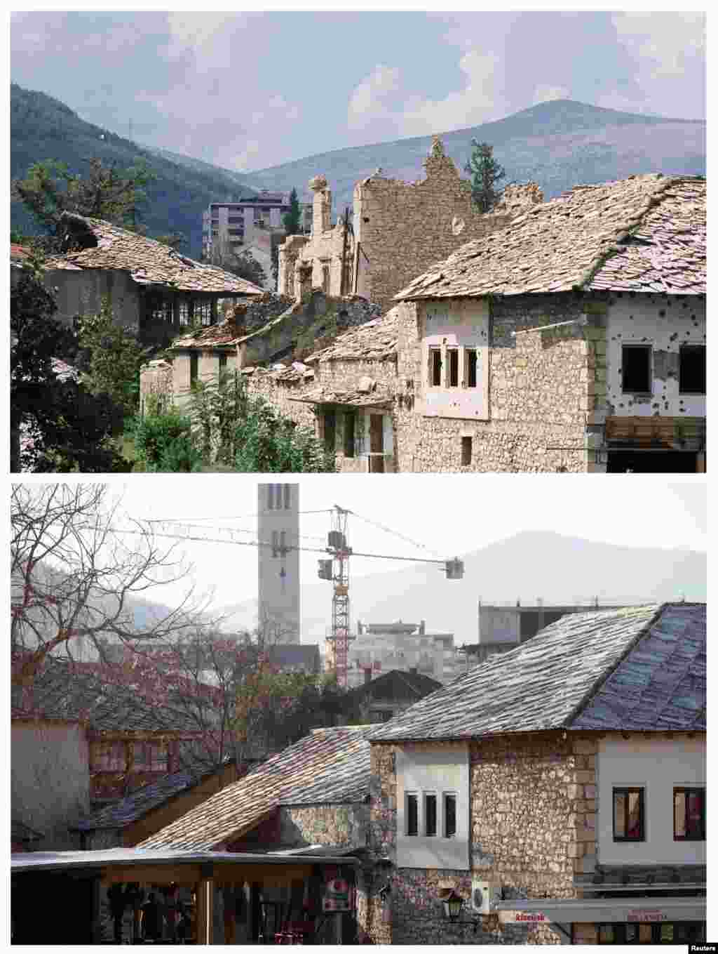 Damaged buildings in the old part of Mostar in June 1993, and below that the same location on February 23, 2013.