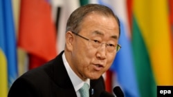 U.S.-- United Nations Secretary General Ban Ki-moon talks to reporters about his recent trip to the Middle East and the ongoing hostilities between Israel and Hamas at United Nations headquarters in New York, New York, USA, 28 July 2014. 