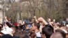 People gather in the center of Chisinau on April 8 to protest the election results.