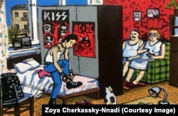 A 2016 painting called Teenage Rebellion showing a cramped Soviet-era apartment.