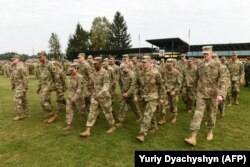 Militari americani la ceremonia de deschidere a exercițiilor „Rapid Trident-2018" pe poligonul Academiei Militare Naționale „Hetman Petro Sahaidachni” de lîngă Lviv, September 3, 2018